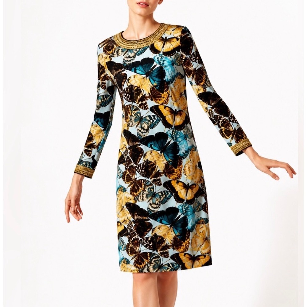 Tory Burch Kareema Blue Butterfly Print 100% Silk Long Sleeve Shift Dress Size L